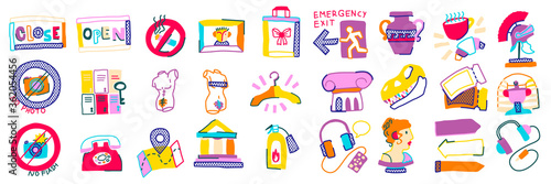 Museum icon doodle naive set of isolated exhibit items and essential elements illustration