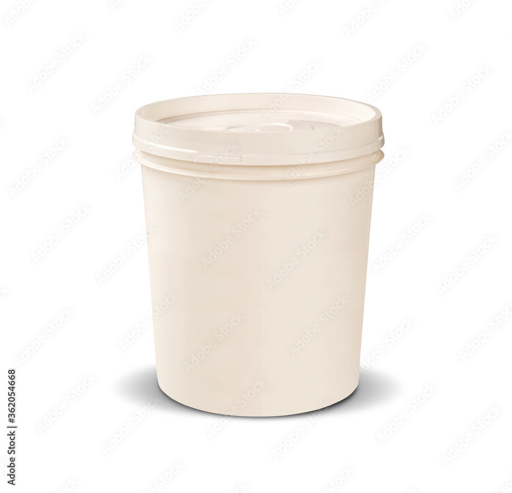White plastic bucket for food products, paint. 900 ml, 5 kg. The selected path. Packaging mockup template. Front view, handle up. Isolated on white background. White plastic bucket for food products, paint. 900 ml, 5 kg. The selected path. Packaging mockup template. Front view, handle up. Isolated on white background.
