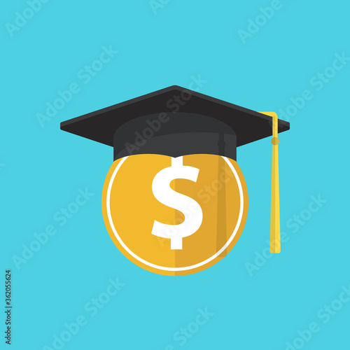 Education and money vector illustration, flat cartoon graduation hat and coin, concept of scholarship cost or loan, tuition or study fee, value of student knowledge, learning success