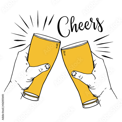 Two hands with glasses of beer and title Cheers. Hand drawn outline vector sketch colorful illustration