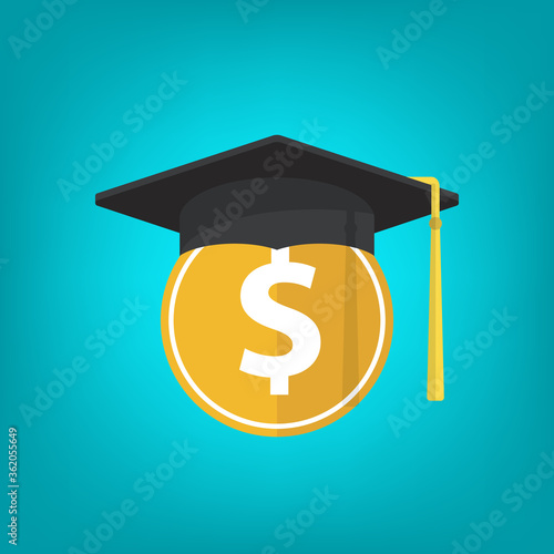 Education and money vector illustration, flat cartoon graduation hat and coin, concept of scholarship cost or loan, tuition or study fee, value of student knowledge, learning success