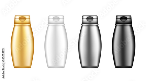 Set of cosmetic bottle mockups isolated from background: shower gel, shampoo, lotion, cream, cleaner. Plastic package design. Blank hygiene, medical, body or hair care template. 3d vector illustration