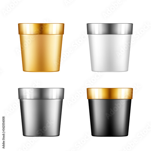 Set of white, silver, gold and black plastic bucket mockups: ice cream or yogurt container. Package design for branding. Food, medical, body or facial care template. 3d realistic vector illustration