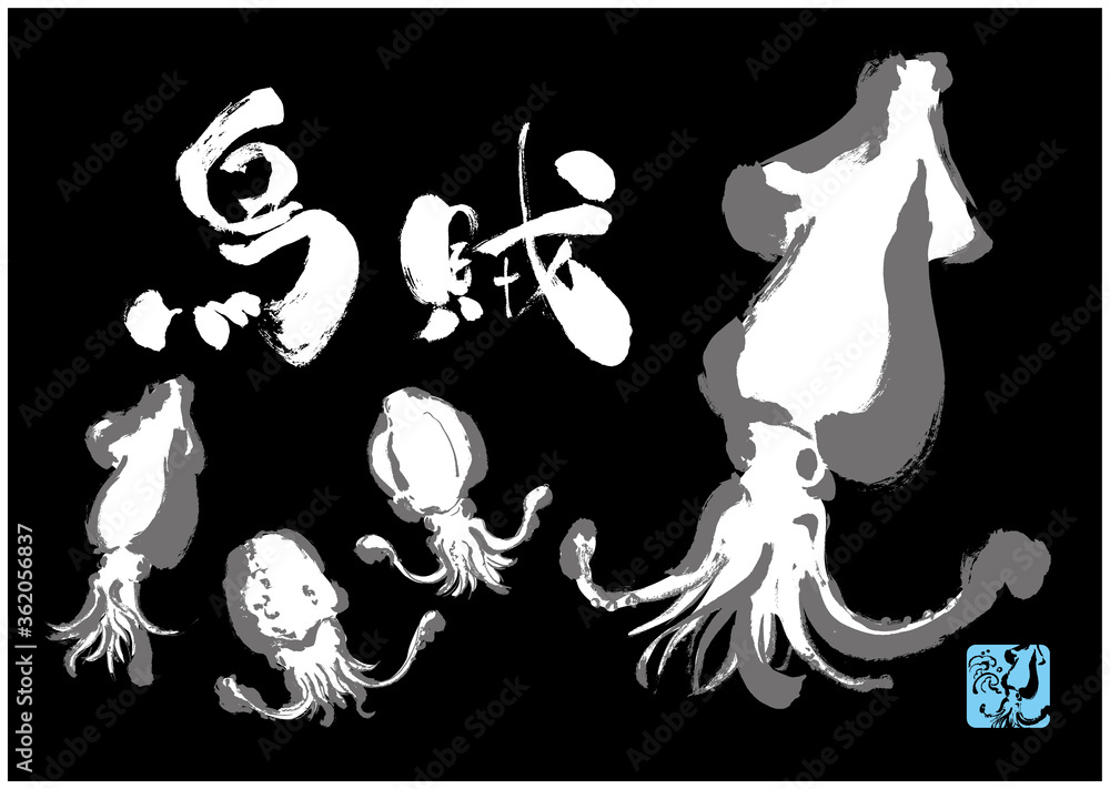 イカの手書きイラスト集合筆文字で烏賊stock Vector Adobe Stock