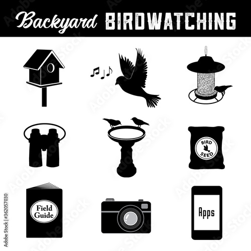 Bird watching equipment and gear icons for the backyard birder, birdhouse, bird, song, bird feeder, binoculars, birdbath, seed, field guide, photo camera, smart phone and apps.