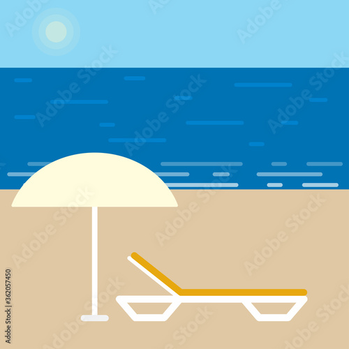 Beach landscape. Sea, sand, sunbed and beach umbrella. Vector flat illustration.