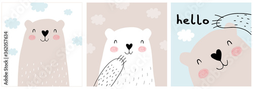 Cute Hand Drawn White and Brown Teddy Bear Vector Illustration Set. Lovely Nursery Art with Funny Bunny Dreamy Baby Bear.Fluffy Clouds on a Light Blue, Beige and White Background.Kids Room Decoration.
