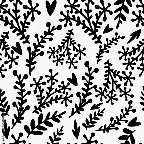 Fototapeta Naklejka Na Ścianę i Meble -  Seamless vector pattern of ornamental silhouettes of abstract flowers blades of grass. The design is perfectly suitable for clothes design, decoration, stationary, sheets, wallpaper, backgrounds.