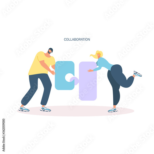 Team work and mutual help vector illustration. Partners, colleagues, people with geometric shapes. Collaboration concept. Coworkers, managers isolated flat characters