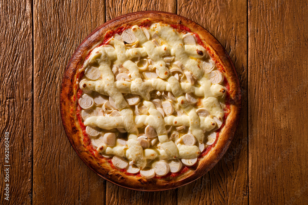 palm heart and cream cheese Pizza. Top view on wood background, close up. Traditional Brazilian Pizza palm heart and cream cheese Pizza. Top view on wood background, close up. Traditional Brazilian Pizza