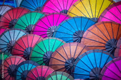colorful paper umbrella on an oriental market