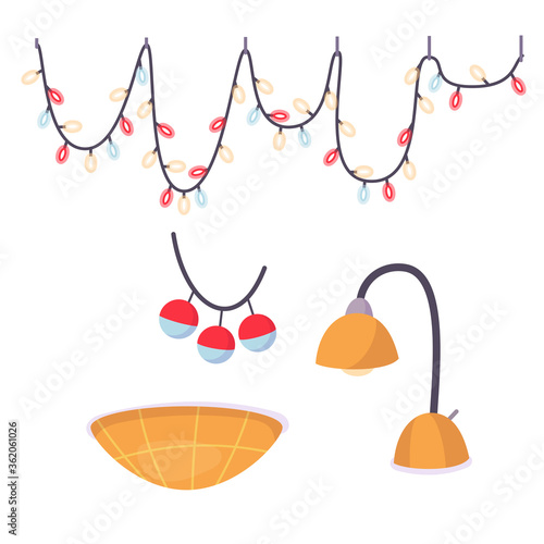 Interior set with two types of garland, ceiling light and table lamp. Home decoration lamp object in flat style. Vector cartoon flat illustration isolated on white.