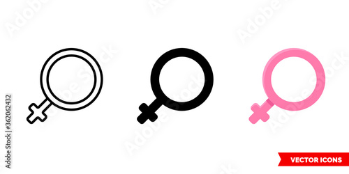 Female sign icon of 3 types. Isolated vector sign symbol.