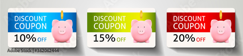 Discount card with Piggy bank, gold coin and sale text: 10%, 15%, 20% off on blue, green and red background. Template useful for any promotion design, shopping card (loyalty card), voucher or gift car