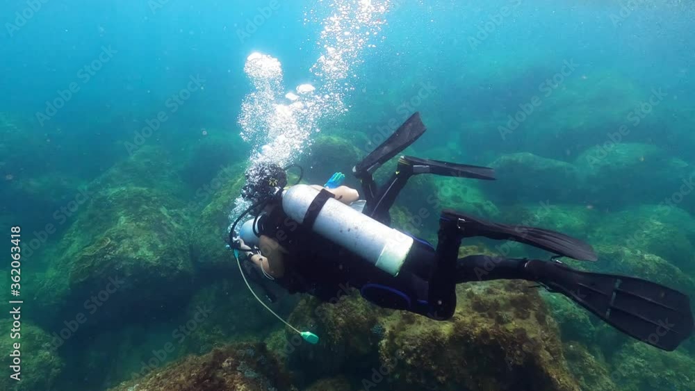 4K, Scuba divers are exploring underwater. People in diving gear dives down to deep water. Swimming in the blue ocean with scuba diver's equipment at summer vacation of a tropical island.-Dan