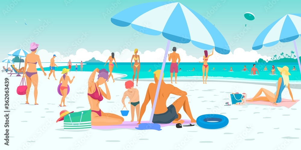 Summer vacation, people on the beach. Vacation, sea, sand, sun and sky. Vector illustration