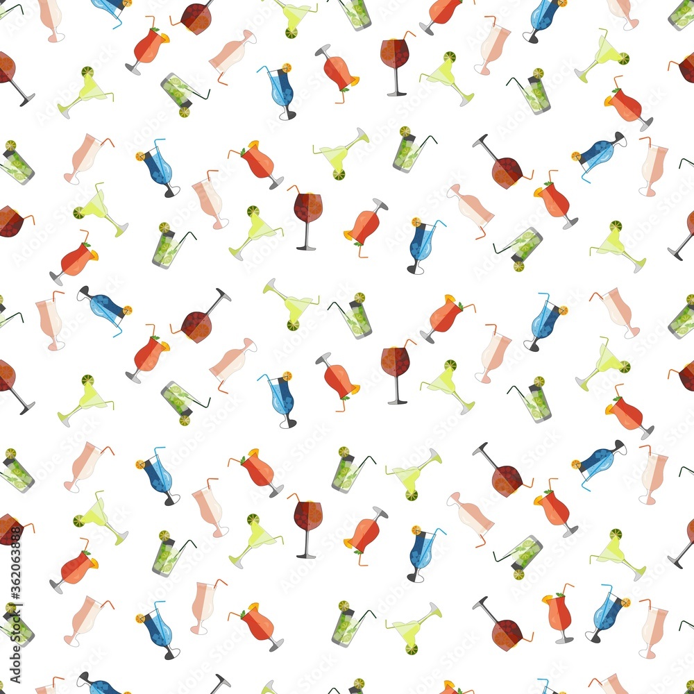 cocktails pattern, mojito, pina-colada, blue lagoon, mai tai, aperol Spritz, margarita, vector illustration