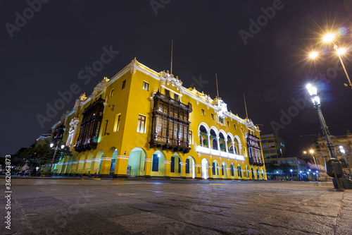 LIMA, PERU: Night view of The Municipal Palace of Lima is located in the Historic center of the city © Jersson Tello