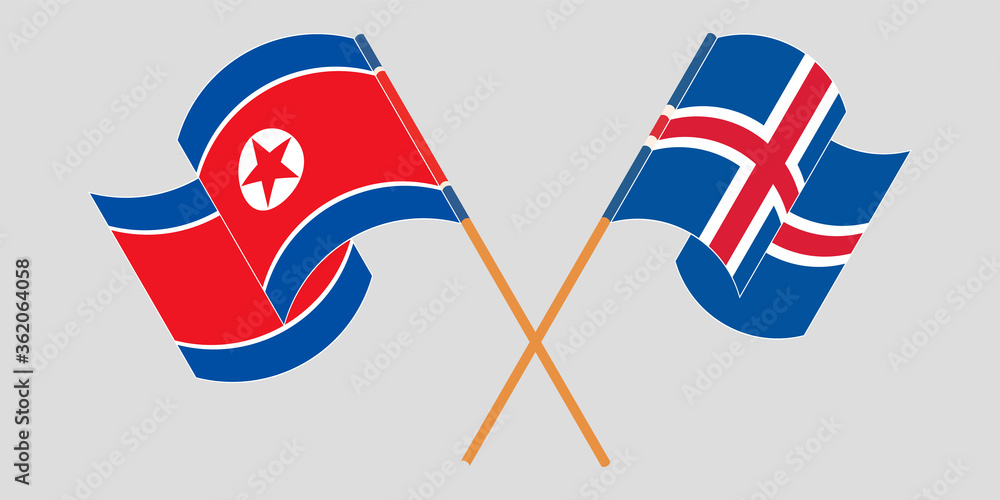 Crossed and waving flags of North Korea and Iceland Crossed and waving flags of North Korea and Iceland