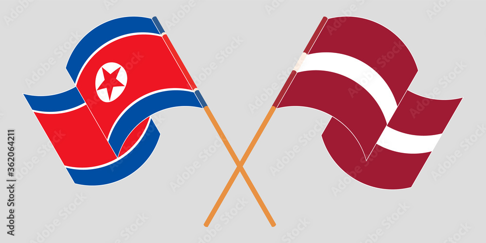 Crossed and waving flags of North Korea and Latvia Crossed and waving flags of North Korea and Latvia