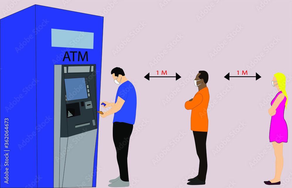 Las personas que hacen cola para retirar dinero del cajero automático, 2 de ellos esperan mientras uno retira su dinero, respetando las nuevas reglas de salud y distanciamiento social
Las personas que hacen cola para retirar dinero del cajero automático, 2 de ellos esperan mientras uno retira su dinero, respetando las nuevas reglas de salud y distanciamiento social