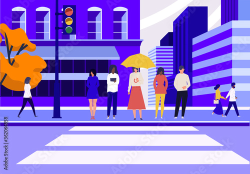 Brightly colored cartoon city street scene with pedestrians walking in front of a cityscape, colored vector illustration