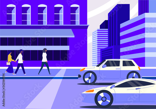 Colored cartoon city street scene with traffic in the road and pedestrians walking in front of a cityscape, colored vector illustration