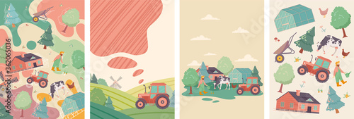 Set of four farming and agriculture designs with three scenes showing various farming activities - a tractor, farmyard and dairy - and one set of isolated icons, colored vector illustration