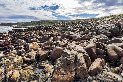 Picturesque view of the rocky shoreline of Atlantic Ocean and Platboom Beach. Platboom Bay is a beautiful beach along coastline nestled in Cape of Good Hope Nature reserve, Cape Town, South Africa.