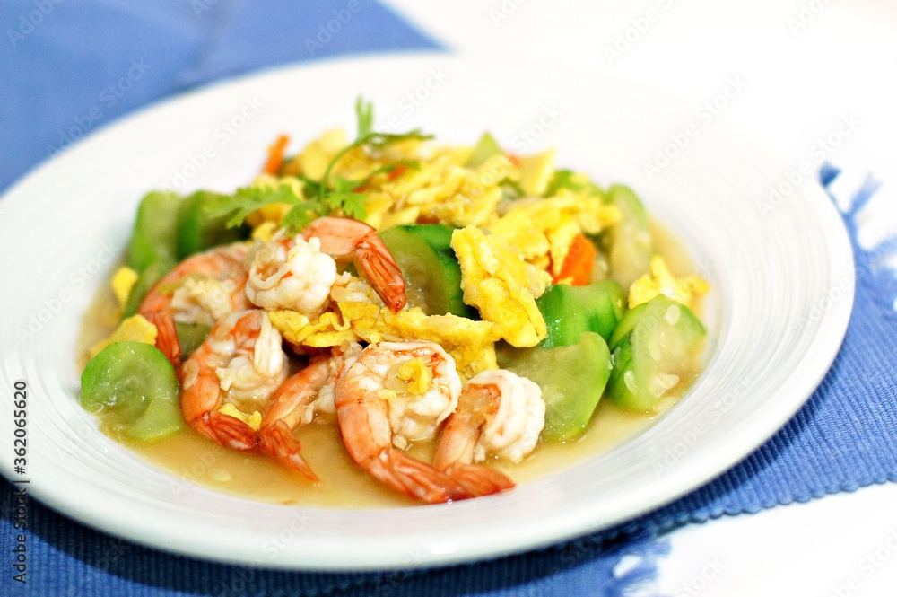 Fried zucchini with Fresh shrimp and egg/ Healthy plates for the elderly and children Fried zucchini with Fresh shrimp and egg/ Healthy plates for the elderly and children