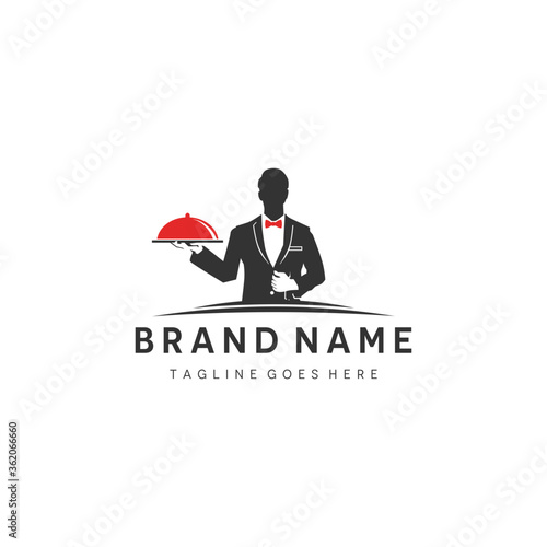 fancy butler with tray silhouette service business vector logo concept image