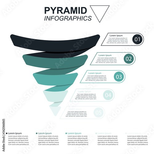 Pyramid Infographics. Funnel Pyramid with 5 charts