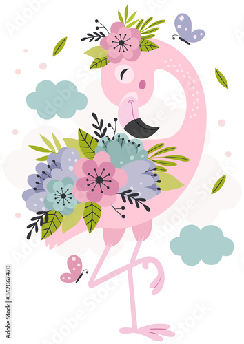 poster with beautiful floral pink flamingo -  vector illustration, eps