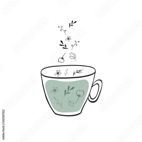Cute tea time card. Cup with floral design elements. Menu for restaurant, cafe, bar, tea-house. Vector illustration isolated on white background.