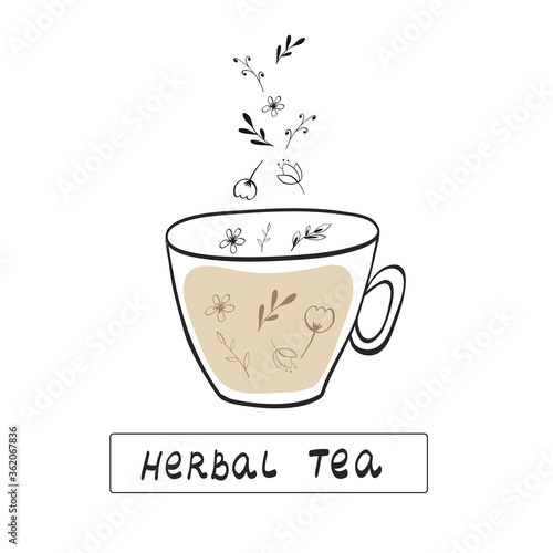 Cute tea time card. Cup with floral design elements. Menu for restaurant, cafe, bar, tea-house. Vector illustration isolated on white background.