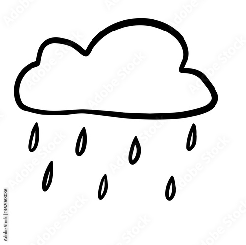 Hand drawn doodle rainy clouds. Vector illustration isolated on white. Simple black line, childish style. Vector illustration on white background. For cards, posters, decor, t shirt design, logo.