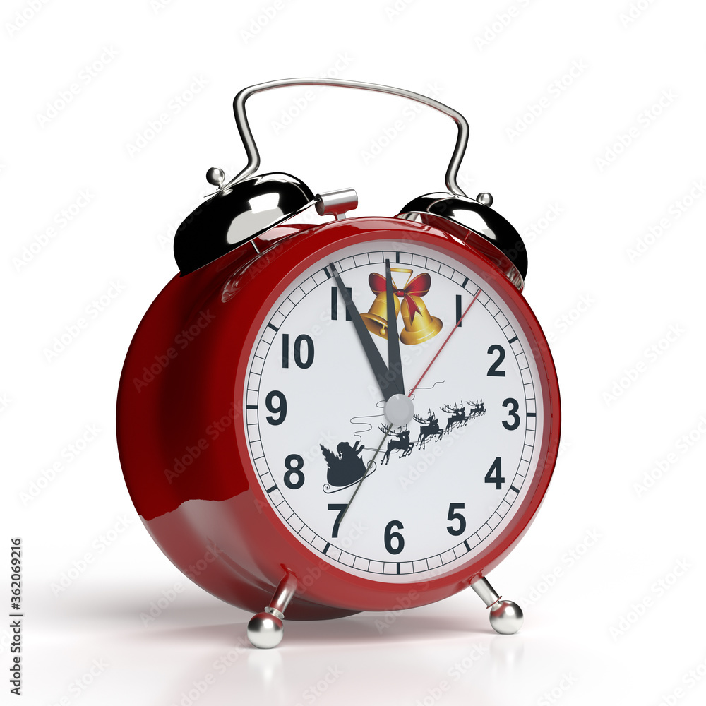 It's christmas time. Alarm clock isolated on white background. 3D rendering.. It's christmas time. Alarm clock isolated on white background. 3D rendering..