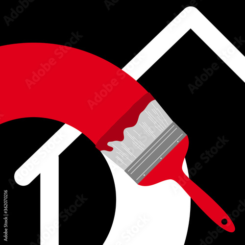 Logo pour un peintre à domicile composé de tracé représentant une maison et d’un pinceau sur un cercle de peinture rouge sur fond noir.