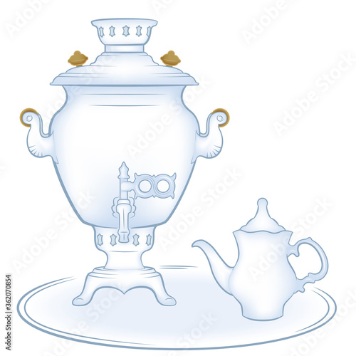 Samovar, a metal container traditionally used to heat and boil water in Russia. Samovars usually have a ring-shaped attachment to hold and heat a teapot. Blue sketch of samovar and teapot. Coloring pa