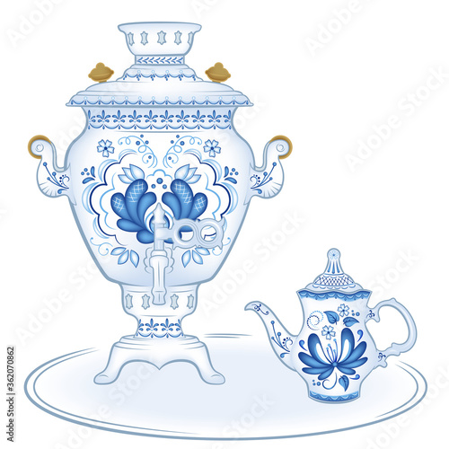 Samovar and teapot. Decorated with Gzhel, Russian traditional painted floral pattern.