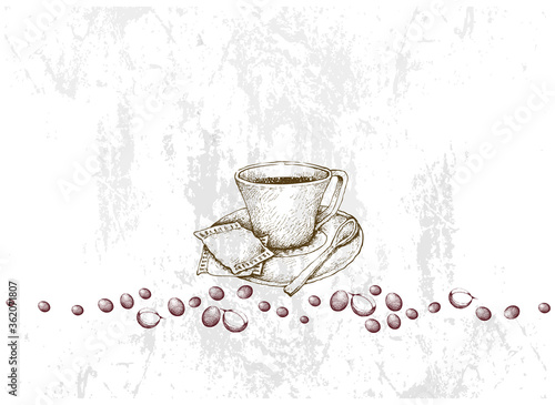 Illustration Hand Drawn Sketch of Coffee Mug with Roasted Coffee Beans.
