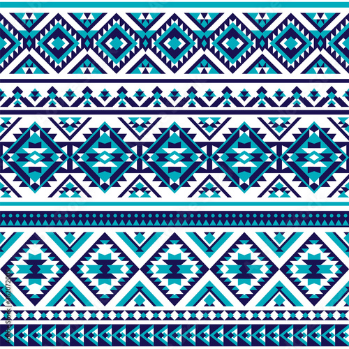 Pattern with geometrical ornaments in shades of blue and turquoise. Seamless vector background inspired by tribal patterns.
