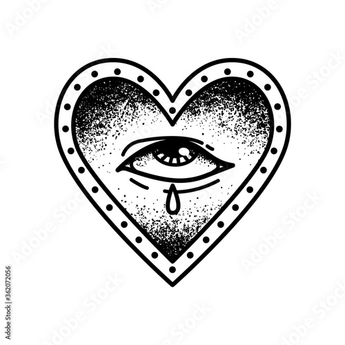Old school tattoo vector print. Crying eye in a classic heart.
