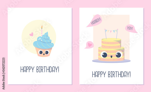 Cute dessert birthday cards. Cake and cupcake vector design.
