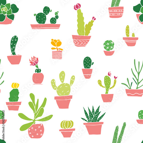 Succulents seamless pattern in cartoon style. Bright colors. Vector.
