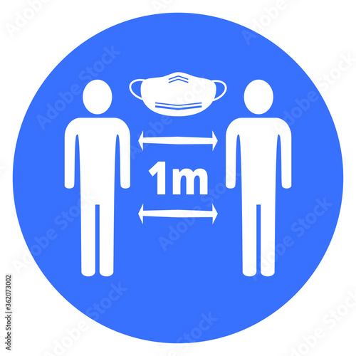 Social distance icon, 1 meter, please wears mask, blue circle