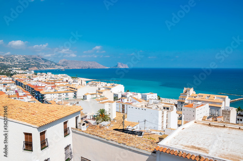 Scenic view of traditional Spanish whitewashed houses at the seaside in Altea, Costa Blanca, Spain