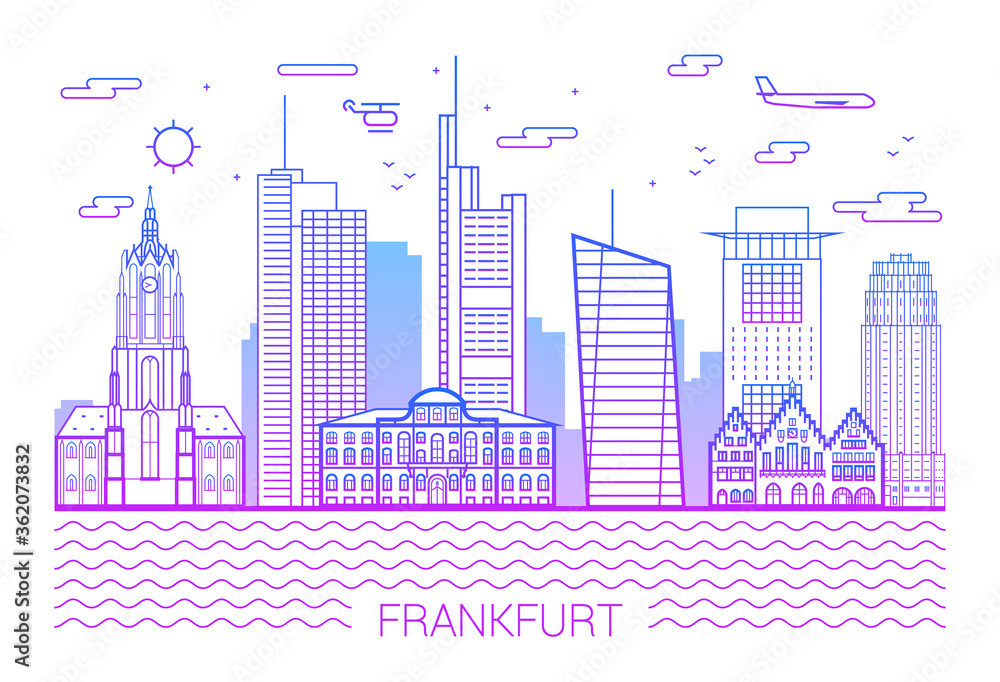 Frankfurt city, Pink Line Art Vector illustration with all famous buildings. Linear Banner with Showplace. Composition of Modern cityscape. Frankfurt buildings set. White background and pink line.