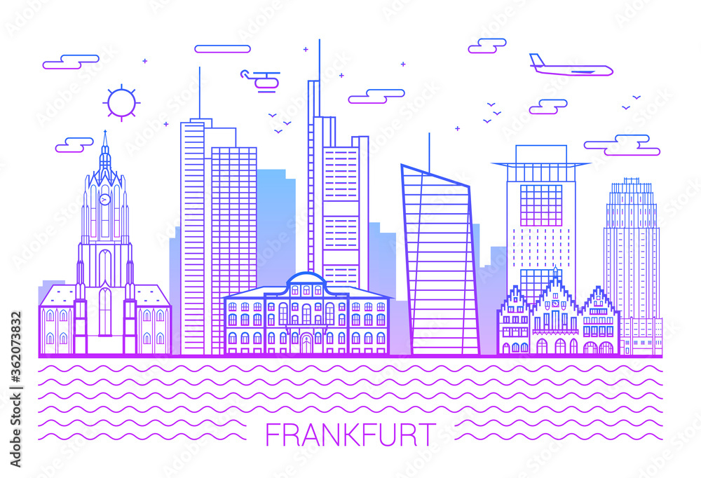 Fototapeta premium Frankfurt city, Pink Line Art Vector illustration with all famous buildings. Linear Banner with Showplace. Composition of Modern cityscape. Frankfurt buildings set. White background and pink line.