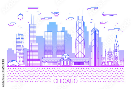 Chicago city, Pink Line Art Vector illustration with all famous towers. Linear Banner with Showplace. Chicago buildings set. White background and pink line. White background and pink line.